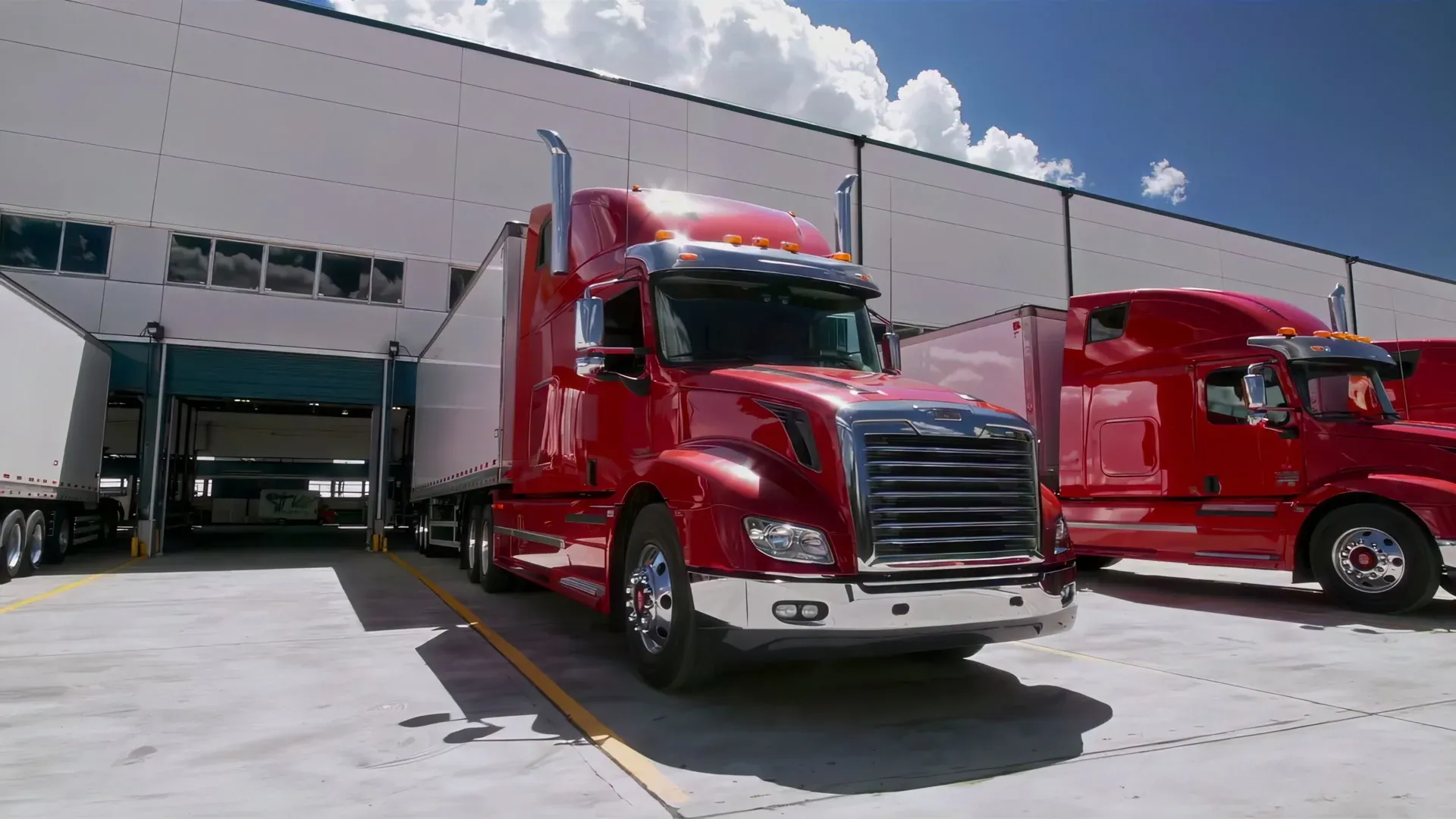 Red semi trucks parked beside a logistics warehouse