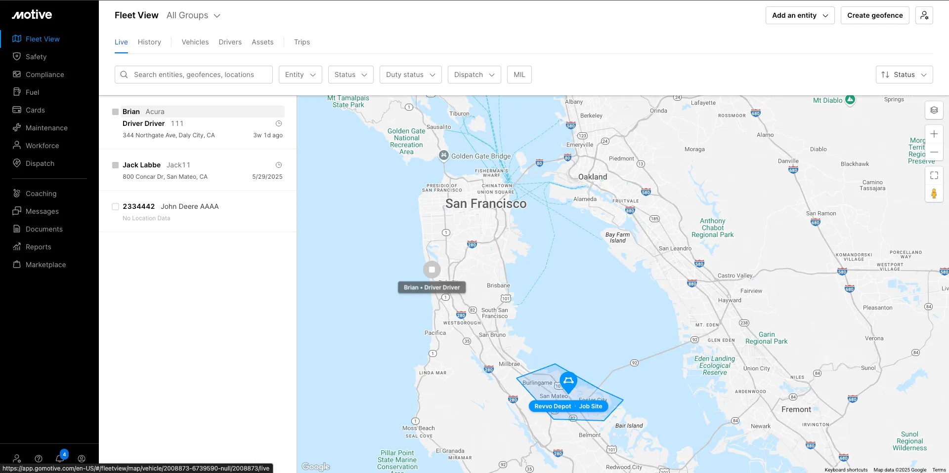 Motive Fleet View with Revvo depot and vehicle context