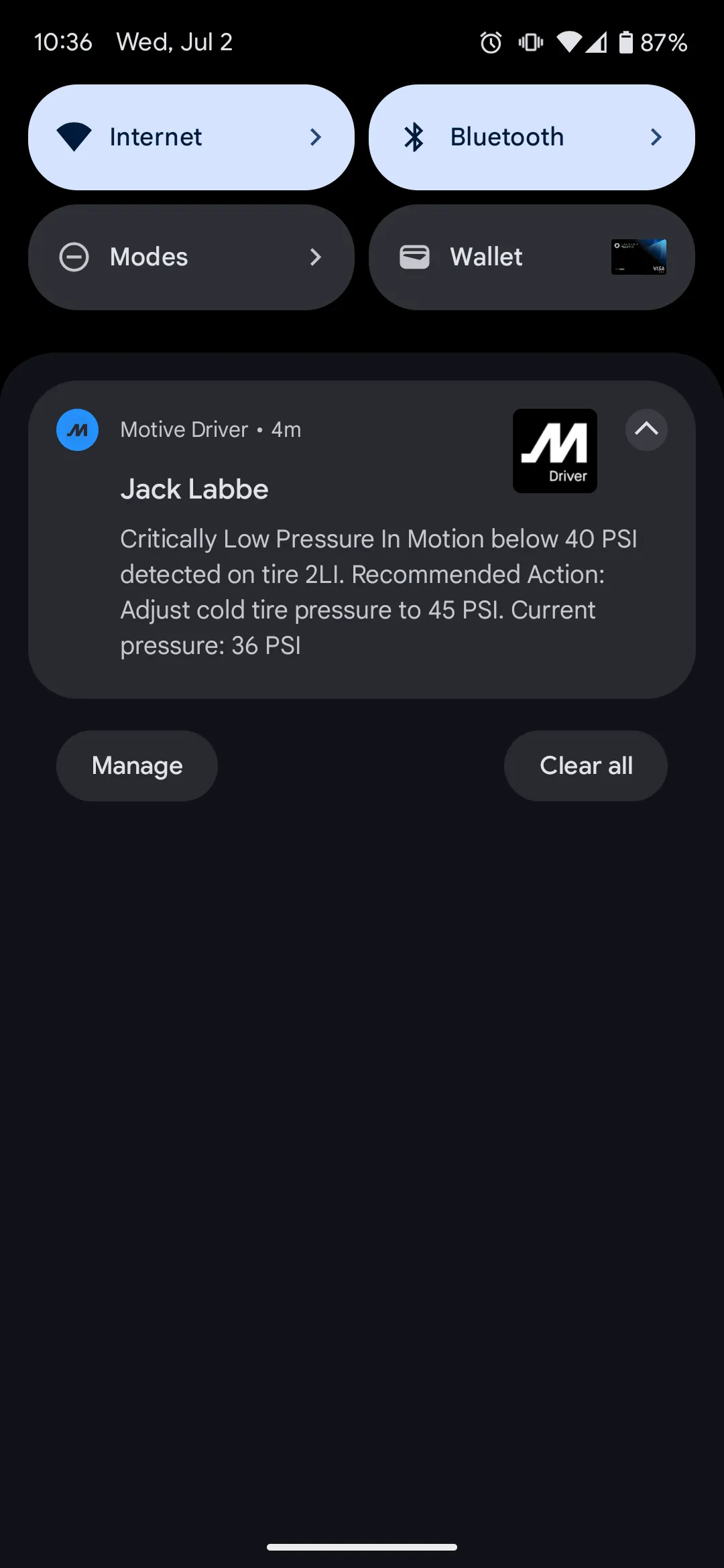 Motive Driver notification for a Revvo critically low pressure event